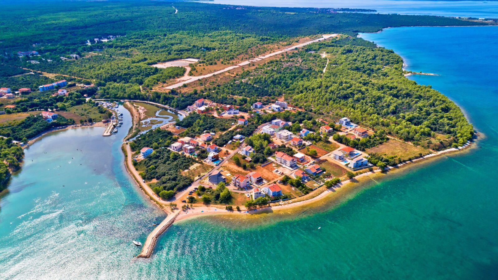 Zaton beach and cap Punta Skala aerial view