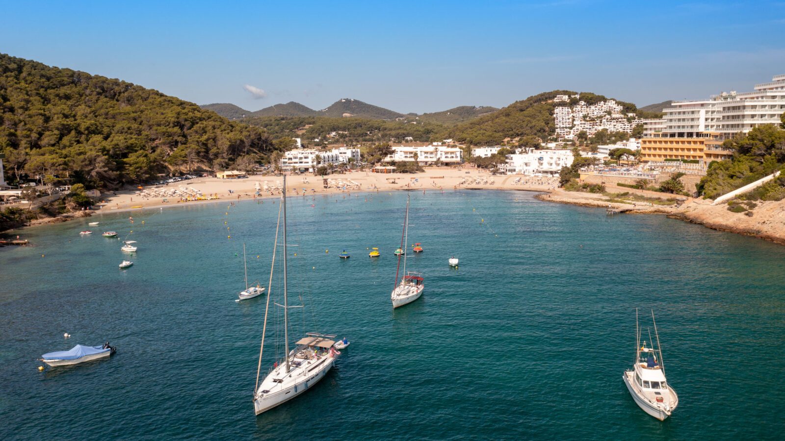 Aerial photo of the Spanish island of Ibiza showing the beautifu