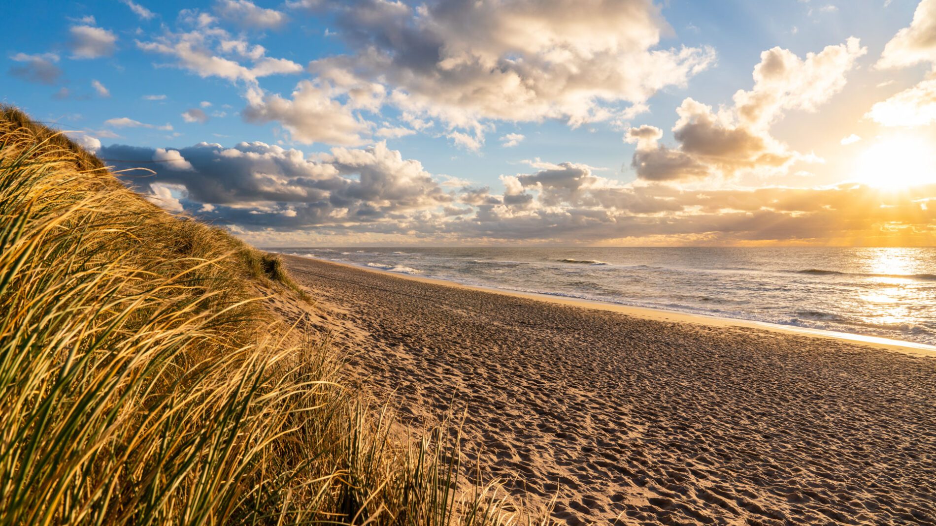 Sunset at Rantum (Sylt, empty beach, clouds, gras)